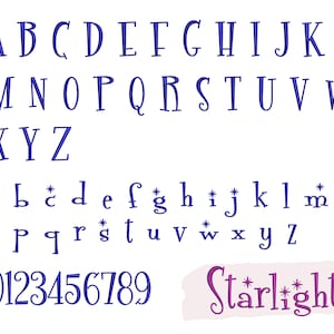 May include: A blue alphabet font with uppercase and lowercase letters, numbers 0-9, and the word "Starlight" in a purple font. The letters have a hand-drawn style.
