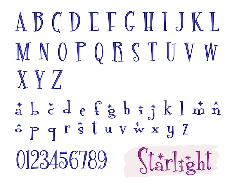 May include: A blue alphabet font with uppercase and lowercase letters, numbers 0-9, and the word "Starlight" in a purple font. The letters have a hand-drawn style.