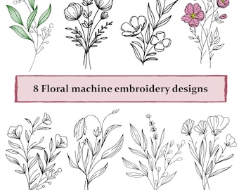 8 Floral line art machine embroidery designs , Wedding wild flower modern minimalist embroidery designs bundle