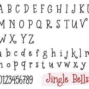 May include: A black and white alphabet font with uppercase and lowercase letters, numbers 0-9, and the text "Jingle Bells" in red.