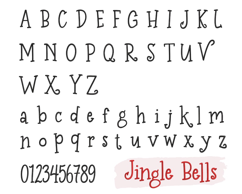 May include: A black and white alphabet font with uppercase and lowercase letters, numbers 0-9, and the text "Jingle Bells" in red.