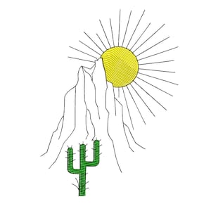 May include: A line drawing of a mountain with a yellow sun and a green cactus in front of it.