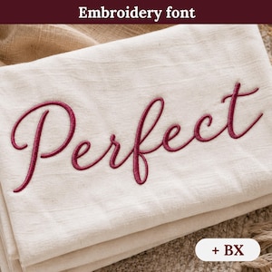 Könnte beinhalten: Ein Stück cremefarbener Stoff mit dem Wort Perfect, das in einer dunkelroten Schreibschrift gestickt ist. Der Text Embroidery font ist oben sichtbar, und ein kleines weißes rechteckiges Etikett mit dem Text + BX befindet sich in der unteren Ecke.
