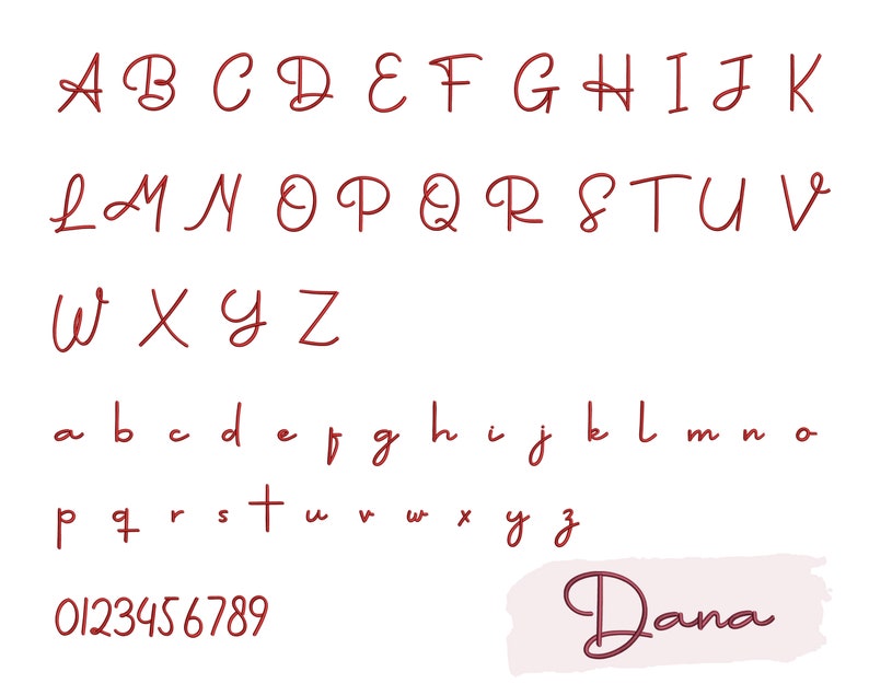 K&ouml;nnte beinhalten: Ein rotes handgeschriebenes Alphabet mit Gro&szlig;- und Kleinbuchstaben, Zahlen von 0 bis 9 und dem Wort "Dana" in der gleichen Schriftart.
