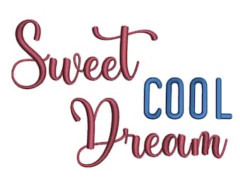 Duo machine embroidery font bundle , Cursive script BX embroidery font Sweet Dream , Mini Block farmhouse font Cool , Embroidery design
