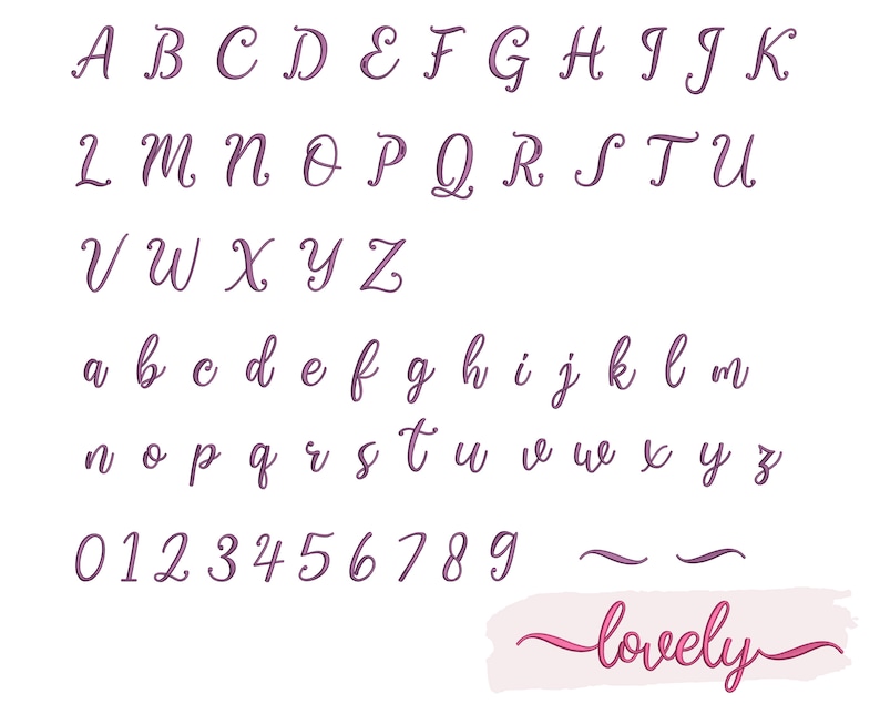 K&ouml;nnte beinhalten: Ein handgeschriebenes Alphabet in Lila mit einem rosa Hintergrund und dem Wort "lovely" in Kursivschrift.