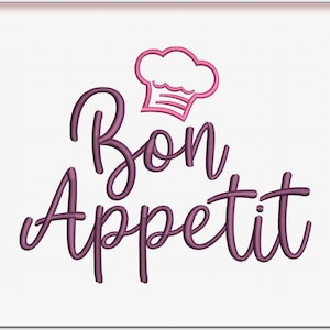 May include: A pink chef's hat with a white outline above the text "Bon Appetit" in purple.