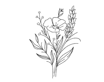 Wildblumen Weizen Stickdatei , Blumenstrauß Linie Kunst Stickdatei