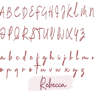 K&ouml;nnte beinhalten: Ein handgeschriebenes Alphabet in roter Schrift, mit Gro&szlig;- und Kleinbuchstaben. Die Schriftart hei&szlig;t "Rebecca".