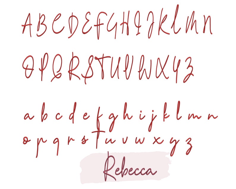K&ouml;nnte beinhalten: Ein handgeschriebenes Alphabet in roter Schrift, mit Gro&szlig;- und Kleinbuchstaben. Die Schriftart hei&szlig;t "Rebecca".
