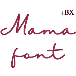 Könnte beinhalten: Weißer Hintergrund mit den Worten "Mama font" in einer kursiven, weinroten Schrift. Der Text "+BX" befindet sich in der oberen rechten Ecke.