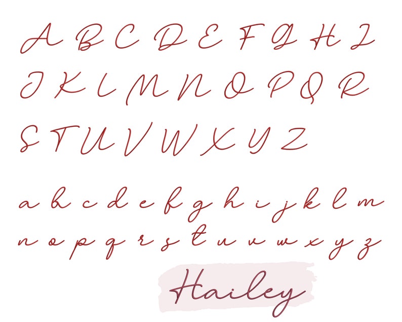 K&ouml;nnte beinhalten: Ein handgeschriebenes Alphabet in Rot mit Gro&szlig;- und Kleinbuchstaben. Der Name Hailey ist unten im Bild in roter Kursivschrift geschrieben.