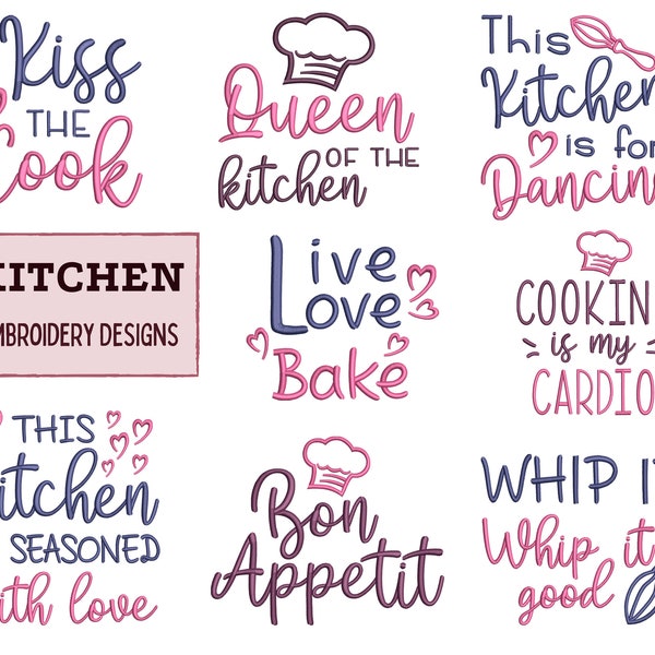 Kitchen embroidery bundle , 8 cooking machine embroidery designs quotes, Funny sayings embroidery designs for kitchen apron