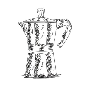 May include: A black and white line drawing of a traditional Italian coffee maker, also known as a Moka pot.