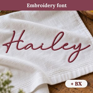 May include: A white fabric cloth featuring the name Hailey embroidered in a dark red cursive script. The text Embroidery font is visible at the top, and the text + BX is visible in the bottom right corner of the image.