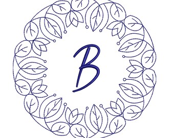 Floral wreath machine embroidery design , Greenery line art frame monogram embroidery design