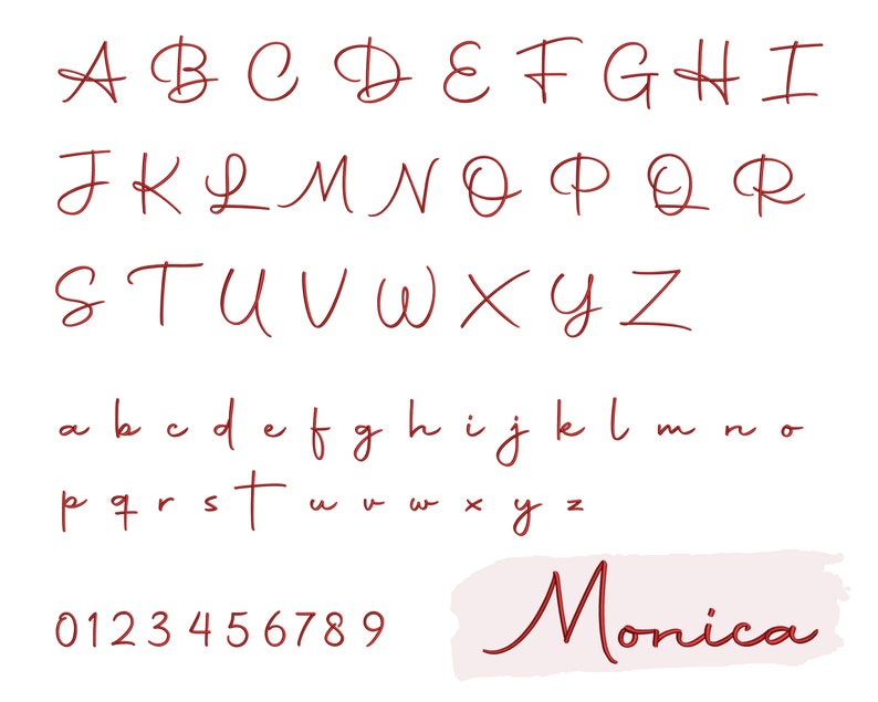 K&ouml;nnte beinhalten: Ein handgeschriebenes Alphabet in Rot, mit Gro&szlig;- und Kleinbuchstaben, Zahlen von 0 bis 9 und dem Namen "Monica" in Kursivschrift.