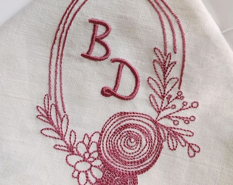 Floral wreath machine embroidery design , Greenery frame monogram embroidery design