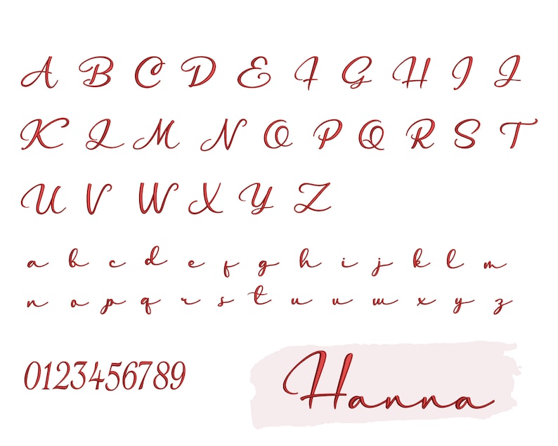 K&ouml;nnte beinhalten: Ein rotes kursives Alphabet mit Gro&szlig;- und Kleinbuchstaben, Zahlen von 0 bis 9 und dem Namen Hanna in Kursivschrift.