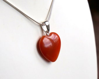 Red Carnelian Heart Pendant | Silver 925 | Luminous Glossy Love Puffed Heart | Gift for woman wife | loved one | Birthday Gift | Anniversary