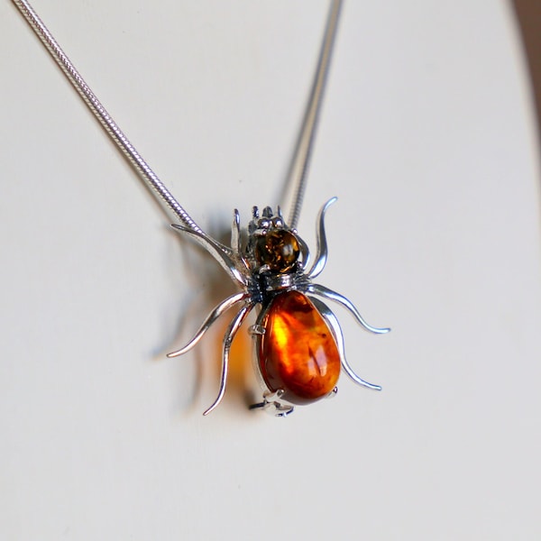 Spider Baltic Amber Brooch | Silver 925 Pendant | Scarf Jacket Brooch Pin | Vintage Small Spider | Insect Jewellery | Gift For Woman and Man