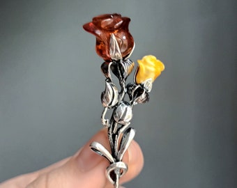 Brooch ROSE Silver Amber Brooch Vintage Flower Pin Flowers Rose 925 Amber Gift for her Scarf brooch Jacket brooch | Postpartum gift for mom