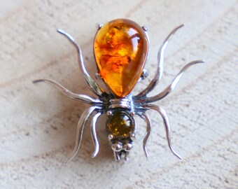 Broche Araignée Ancienne – Argent 925 Et Ambre Naturel – Très Bon état – France