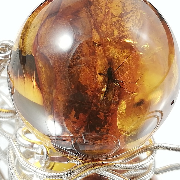 Baltic Amber Ball Pendant | 3 insects | Silver 925 | Inclusions | Amber Jewelry | Fly in Amber | Insect in Amber | Brown Transparent Color