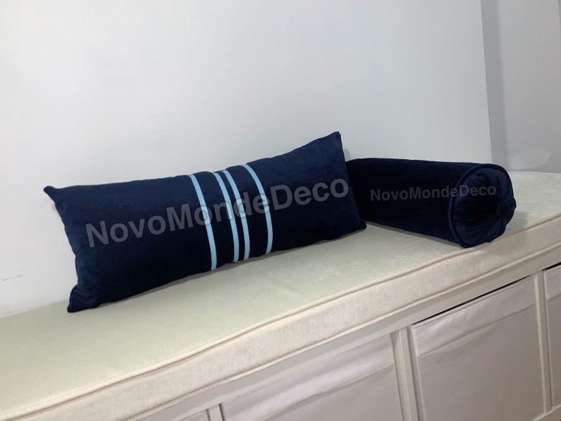 Dark Blue Pillow with Light Blue Ribbon Many Sizes Available Striped Lumbar Navy Blue Velvet Lumbar Pillow Cover
