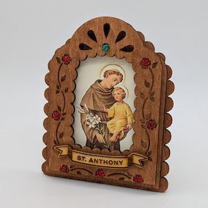 Handmade St Anthony of Padua Nicho | Stained Wood Retablo Shadow Box