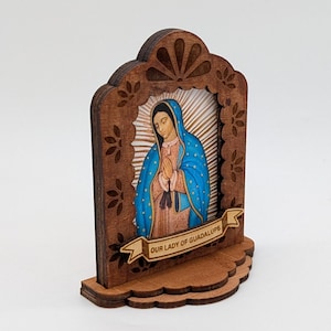 Our Lady of Guadalupe Retablo Wooden Nicho Shadow Box for Dia de los Muertos Finished Hand Painted Art | Wooden Mexican Decor Offering Frame