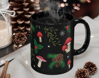 Yule Mushroom Forest Pattern Coffee Mug, Christmas Mug, Yule Mug, Nature Mug, Mushroom Mug, Coffee Mug