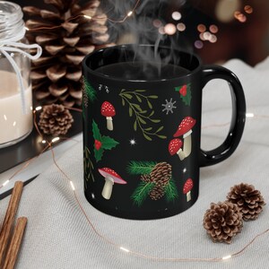 Yule Mushroom Forest Pattern Coffee Mug, Christmas Mug, Yule Mug, Nature Mug, Mushroom Mug, Coffee Mug