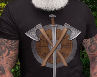 T-shirt haches et bouclier viking, t-shirt nordique, chemise nordique, t-shirt guerrier nordique, t-shirt païen, vêtements vikings