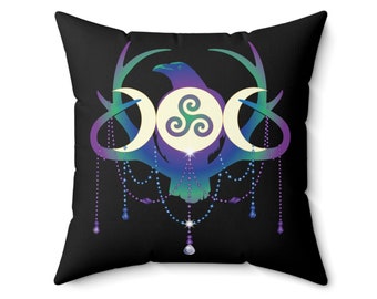 Witchy Raven Triple Moon Pillow, Crow Pillow, Witch Pillow, Wicca Pillow, Pagan Pillow