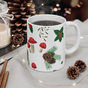 Yule Mushroom Forest Pattern Coffee Mug, Christmas Mug, Yule Mug, Nature Mug, Mushroom Mug, White Coffee Mug