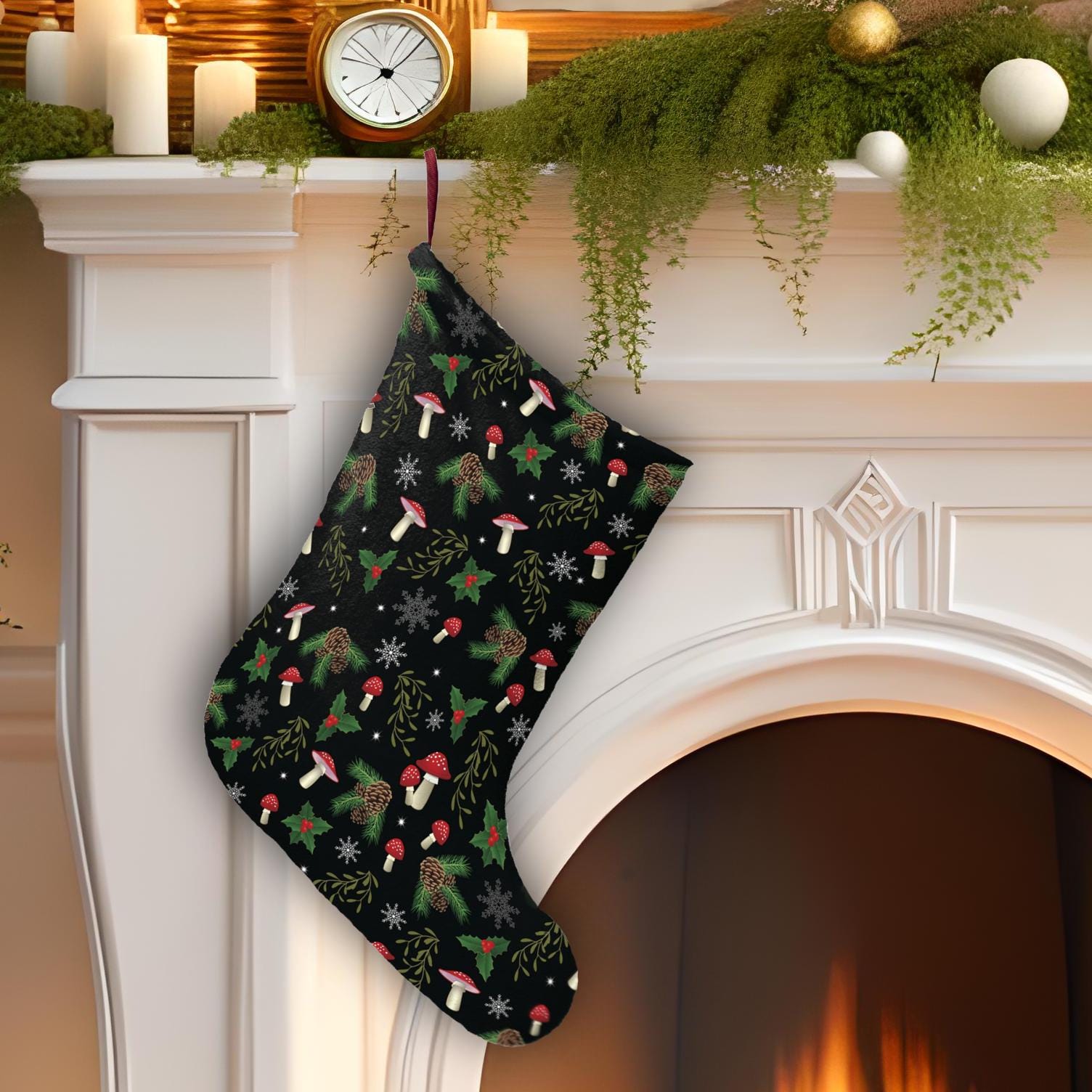 35 Stunning Christmas Fireplace Mantle Decor Ideas You'll Love: Festive Flair for Your Hearth 15 Mushroom Woodland Forest Yule Christmas Stocking, Holiday Fireplace…