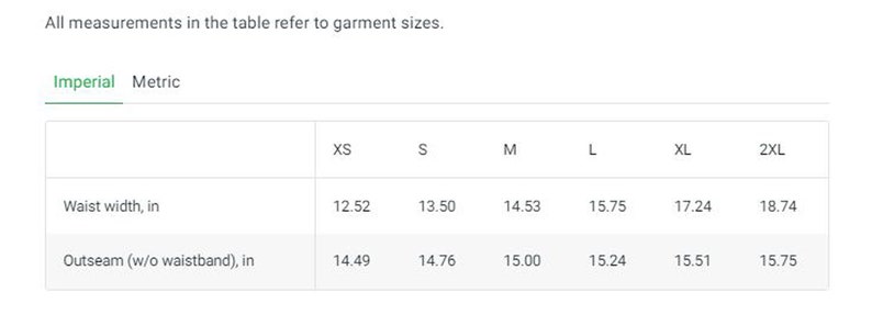 Pu&ograve; includere: Una tabella di taglie che mostra la larghezza della vita e la lunghezza del cavallo in pollici per diverse taglie di abbigliamento, da XS a 2XL.