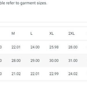 May include: Size chart showing width, length, and sleeve length measurements in inches for sizes S through 5XL.