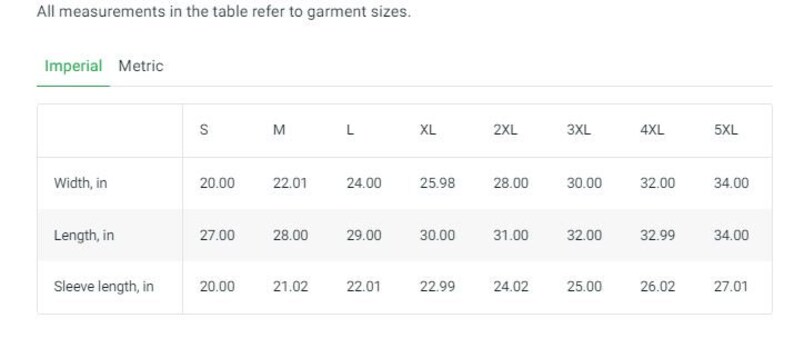 May include: Size chart showing width, length, and sleeve length measurements in inches for sizes S through 5XL.