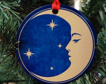 Décoration en bois lune céleste et étoiles : décoration de Noël mystique