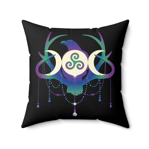 Witchy Raven Triple Moon Pillow, Crow Pillow, Witch Pillow, Wicca Pillow, Pagan Pillow