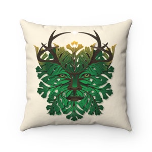 May include: A green and brown throw pillow featuring a stylised image of the Green Man, a mythical figure associated with nature and fertility. The Green Man's face is made of leaves and branches, and he wears antlers.