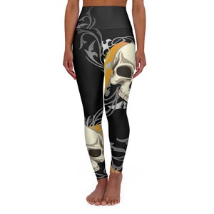 Halloween Spooky Skull Leggings, Gothic Skull Yoga Pants, Gothic Yoga Leggings, Women Activewear Workout Gym Apparel