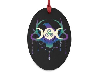 Raven Celestial Moon Yule Ornament - Wood Crow Décor, Witchy Pagan Ornament, Raven Holiday Gift