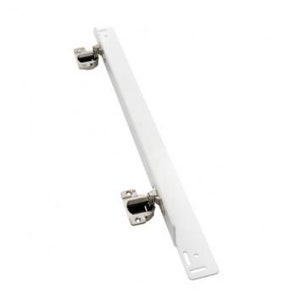 May include: White metal drawer slide with two silver hinges attached. The slide is designed for use in cabinets and furniture.