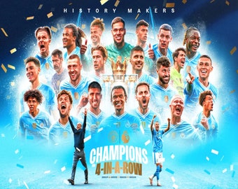 Manchester City Premier League Champions 23/24 4 in a Row A4 Photo Print