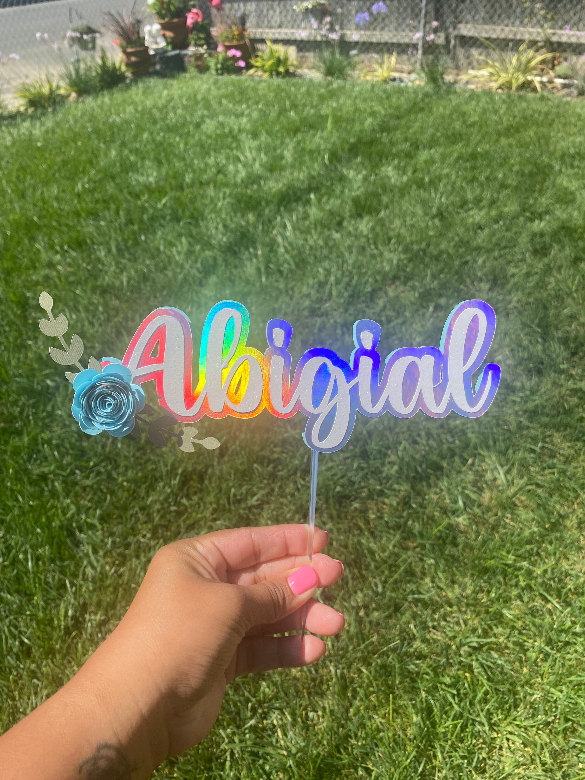 Name Cake Topper Flower Cake Topper Name and Flower Theme Etsy