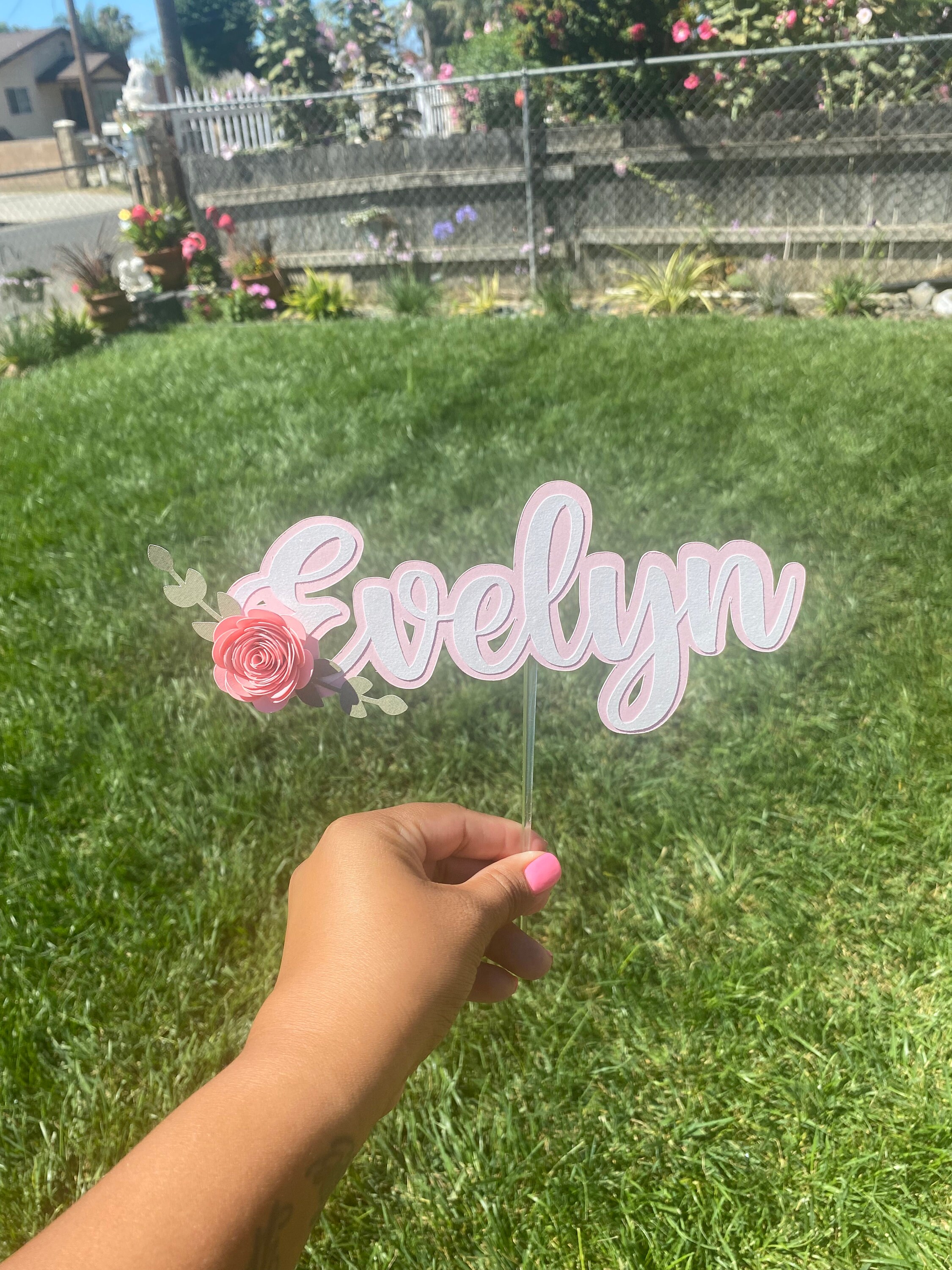 Name Cake Topper Flower Cake Topper Name and Flower Theme Etsy