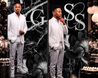 Black White Men Birthday Backdrop Set: Editable Luxury Monogram Panels, Digital Download - BM40